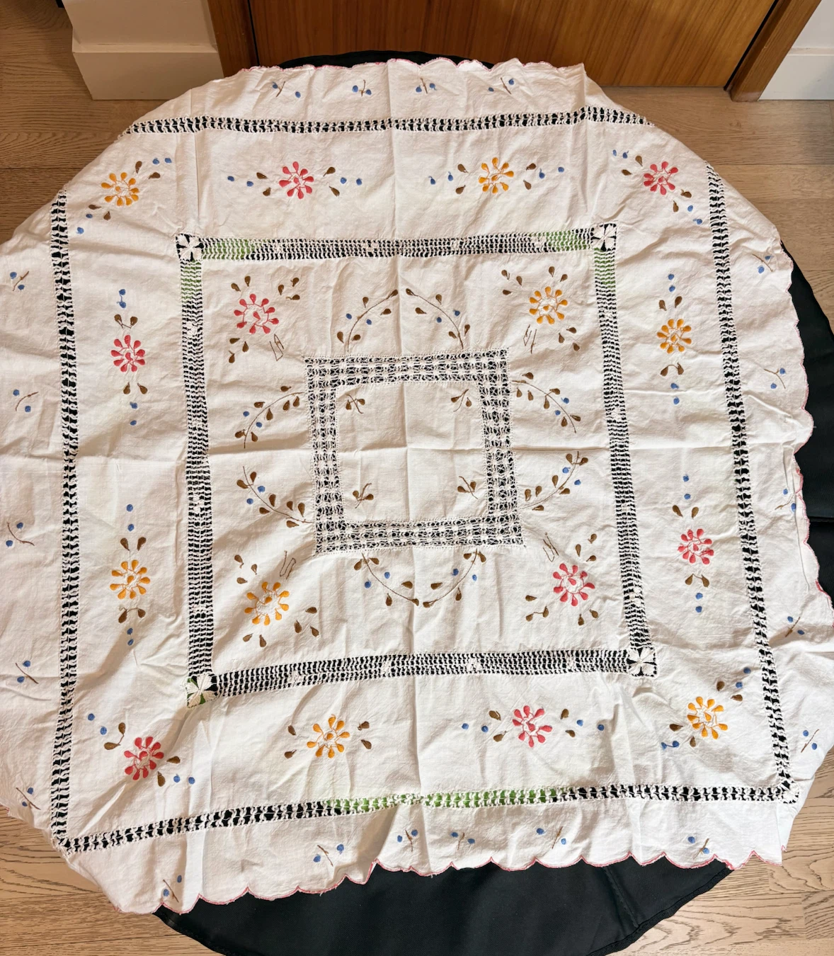 Vintage Embroidered White Cotton Tablecloth