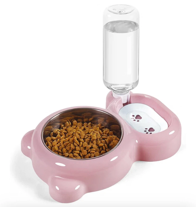 Pink Pet Food and Water Dispenser Bowl Set