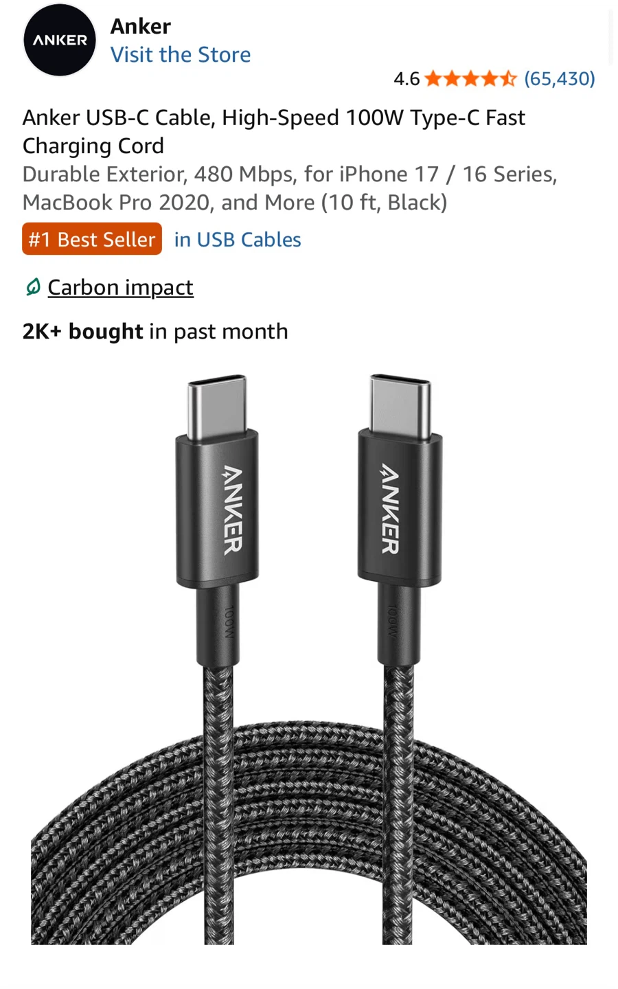 Anker USB-C 100W Fast Charging Cable - photo 2