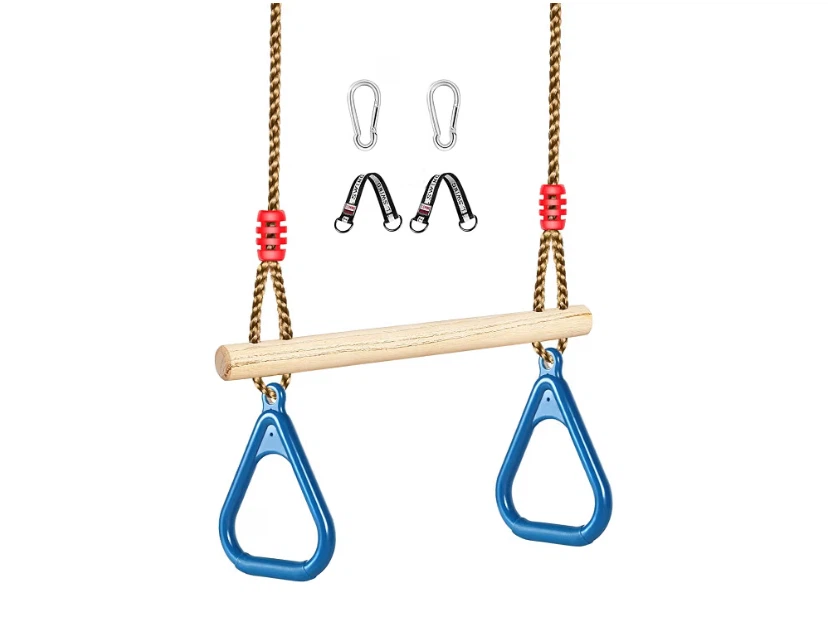 Kids Wooden Trapeze Swing Bar with Rings