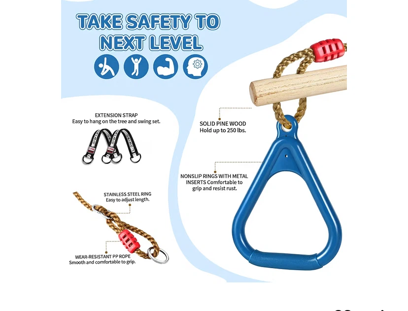 Kids Wooden Trapeze Swing Bar with Rings - photo 4