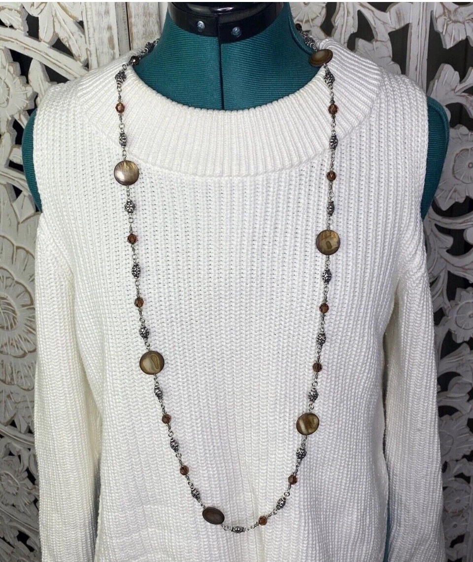Brighton UTOPIA Long Mother Pearl Crystal Silver Beads Necklace