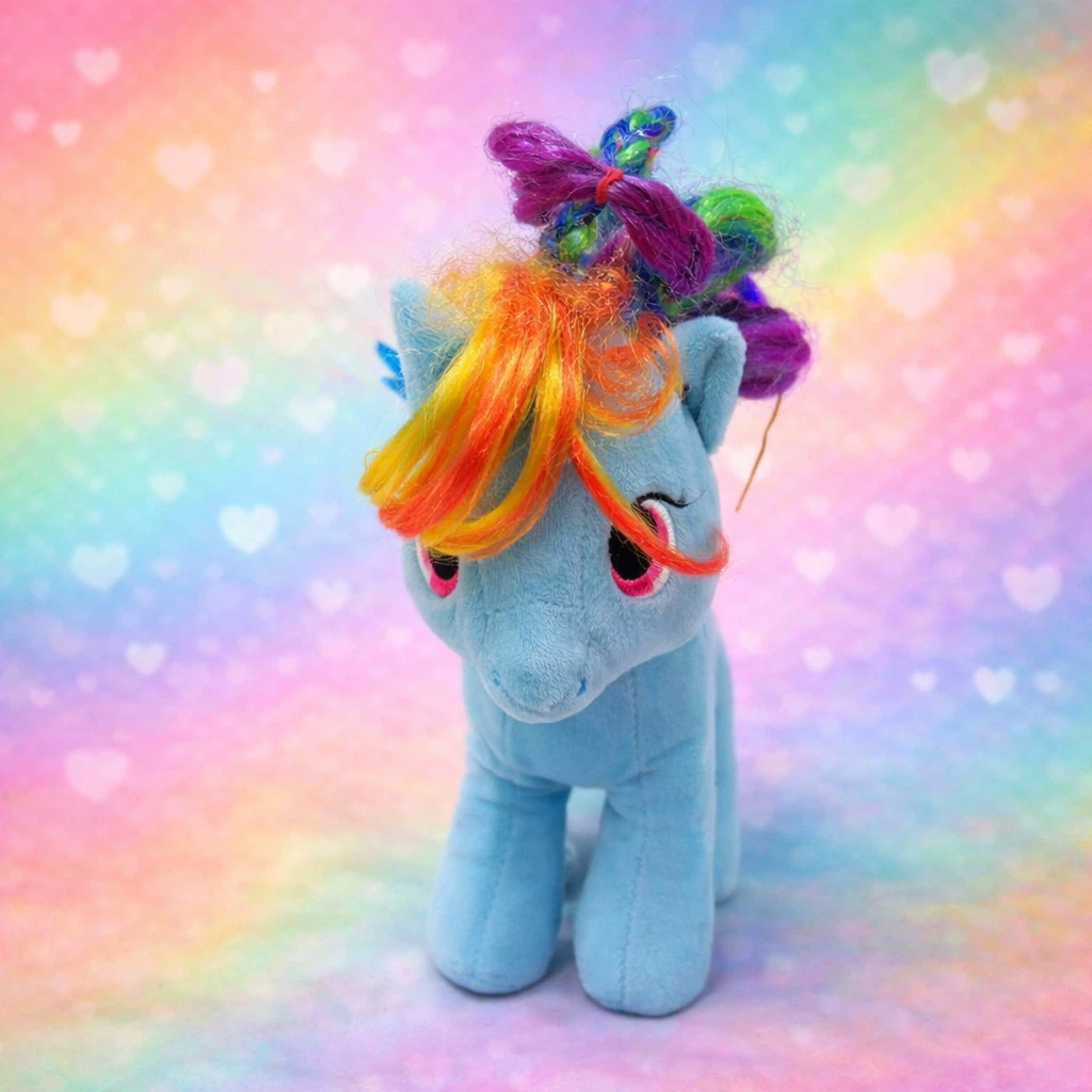 Blue Pony Plush Toy with Colourful Rainbow Mane