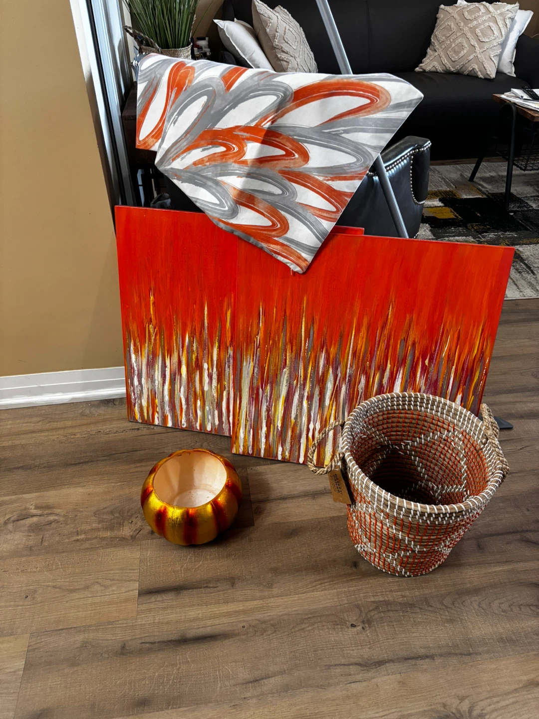 Home Decor Set: 2 Canvas Paintings, Pumpkin Bowl, Basket - photo 3