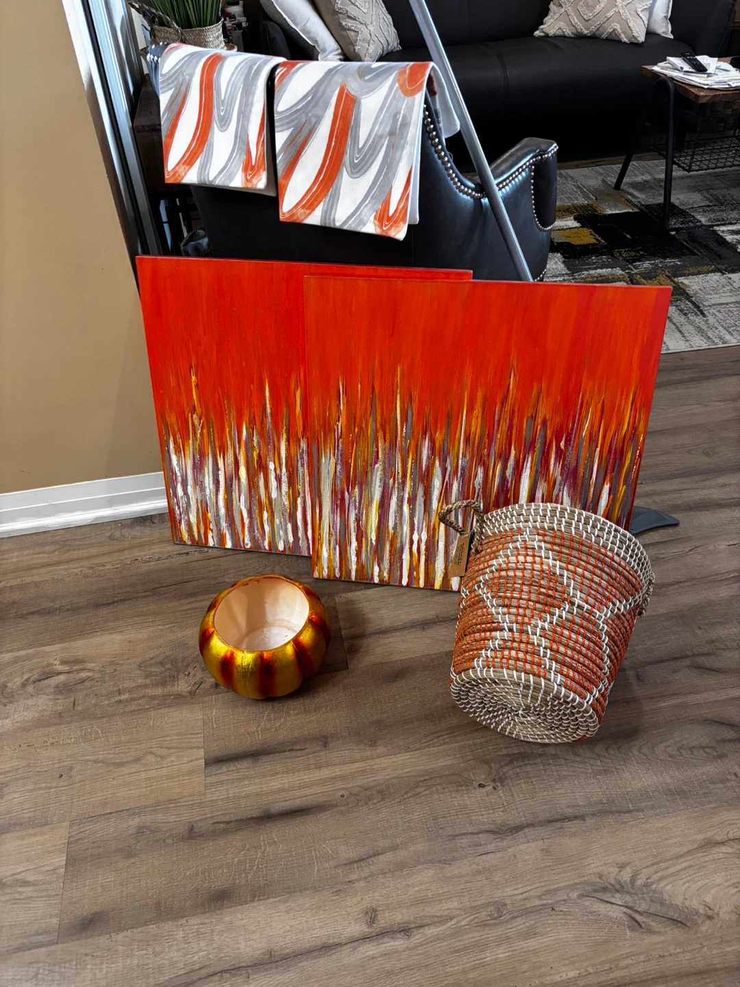 Home Decor Set: 2 Canvas Paintings, Pumpkin Bowl, Basket - photo 4
