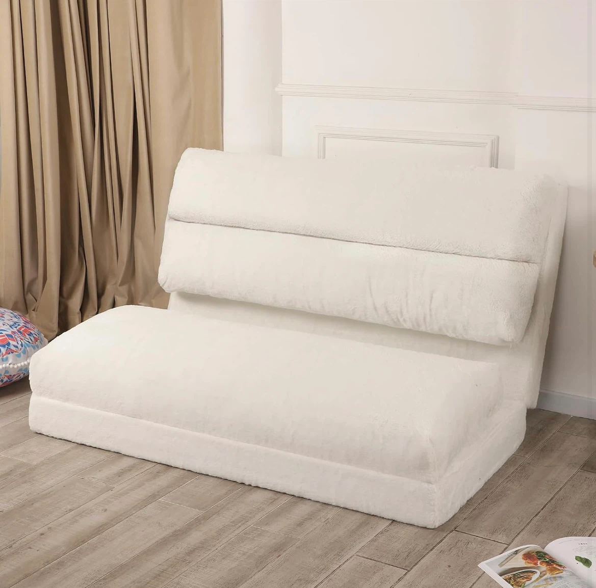 White Faux Fur Convertible Floor Sofa Bed - photo 5