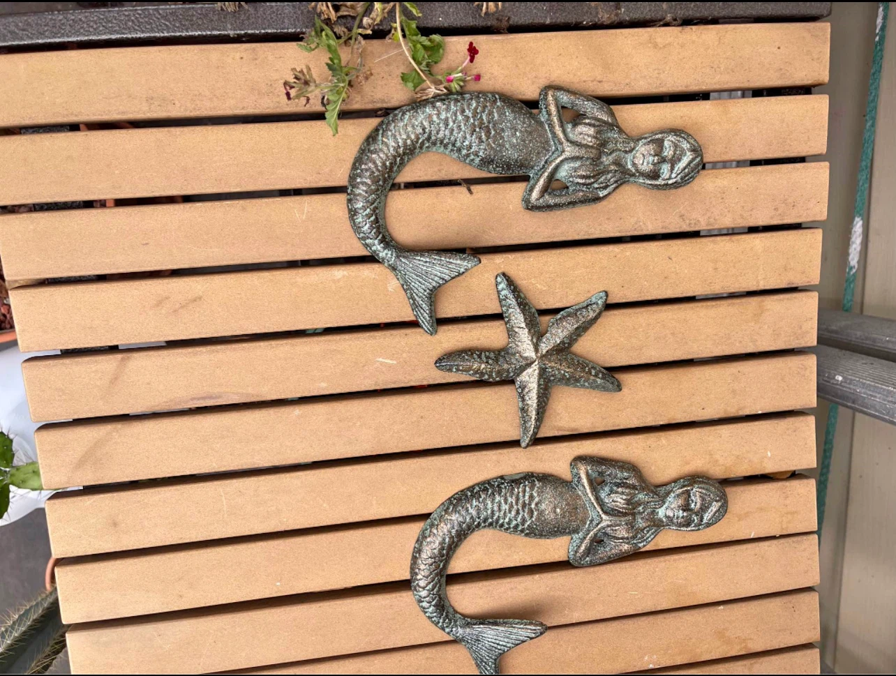 Cast Iron Mermaid and Starfish Wall Hooks Set