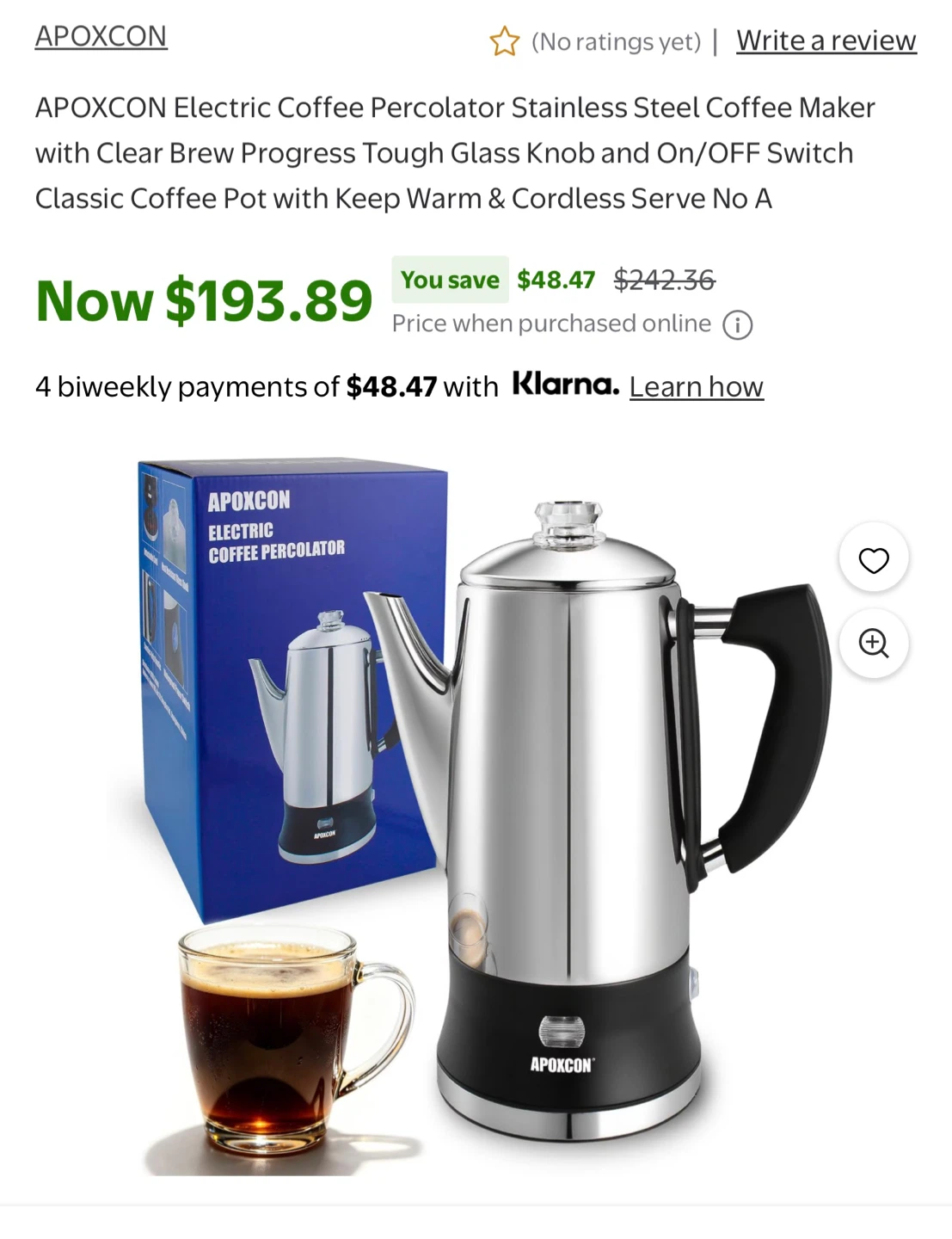Apoxcon 8-Cup Electric Coffee Percolator