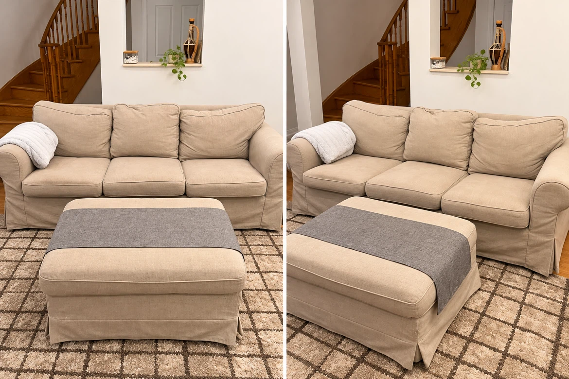 Beige Sofa and Matching Ottoman