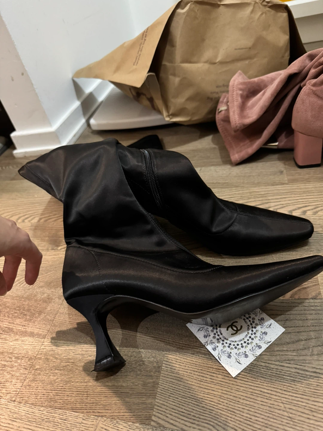Designer’s Black Satin Knee High Boots