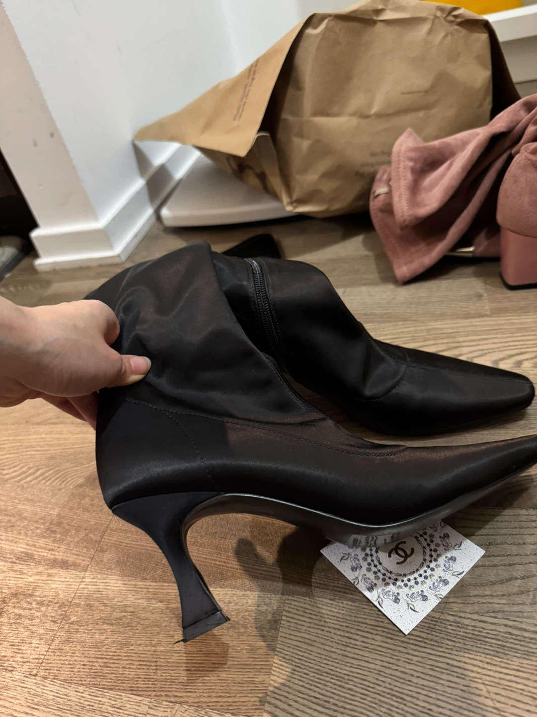 Designer’s Black Satin Knee High Boots - photo 2