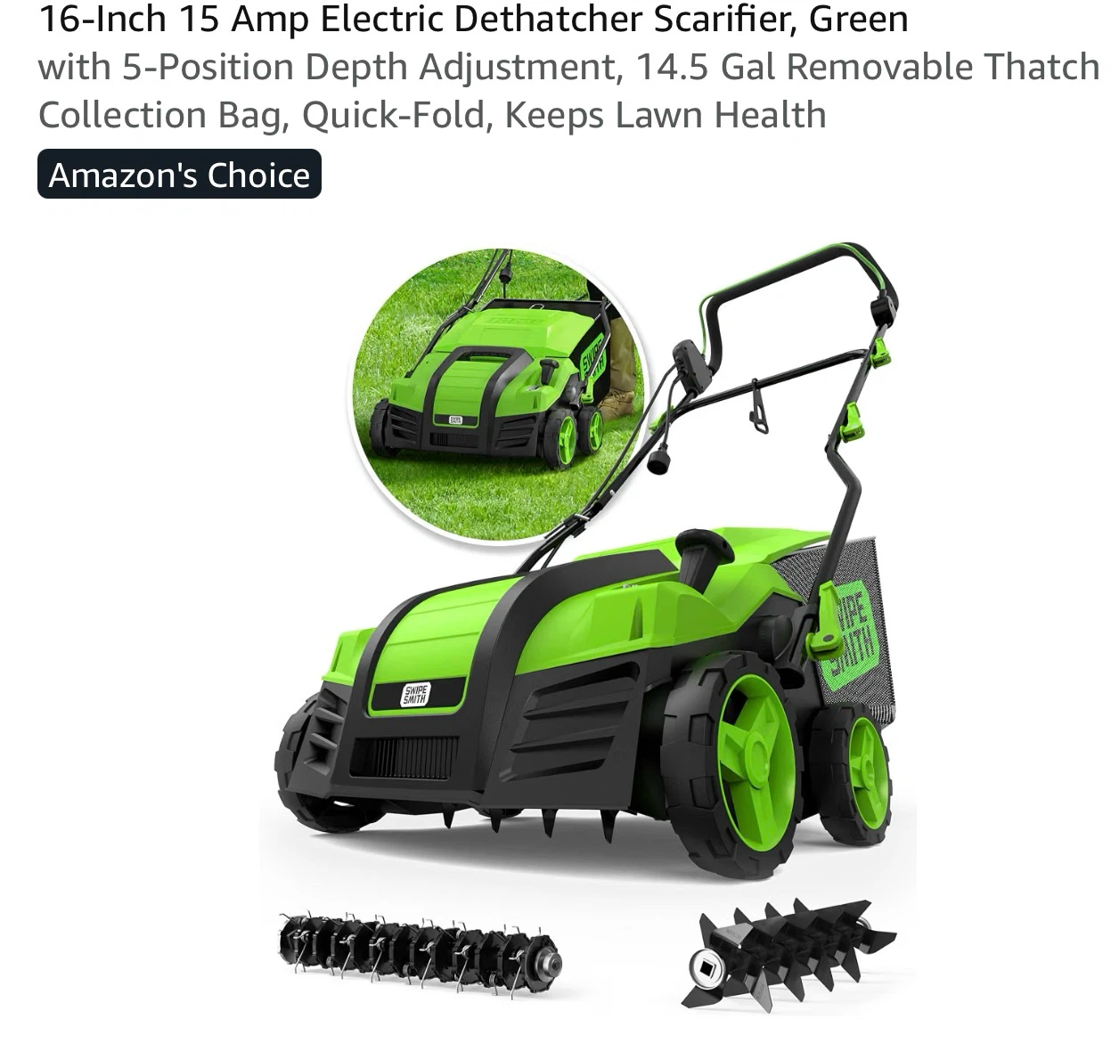Swipe Smith 16-Inch 15 Amp Electric Dethatcher Scarifier EDS