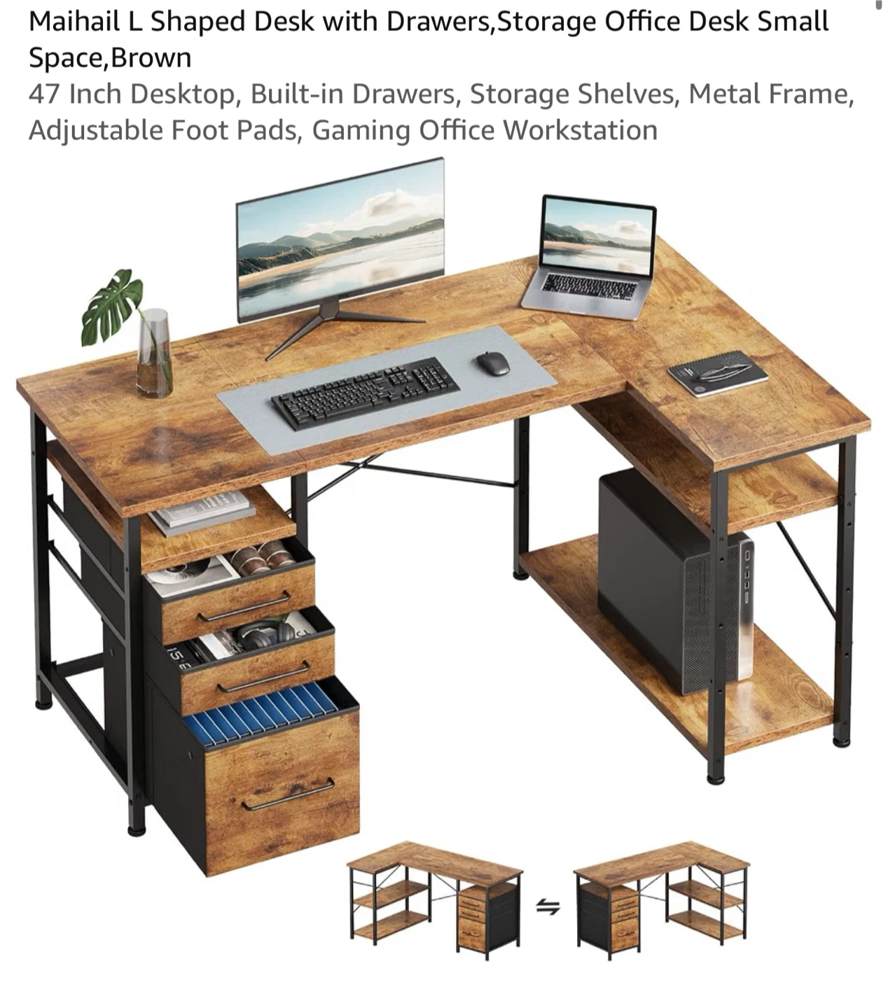 Maihail L-Shaped Desk with Drawers and Shelves 47I