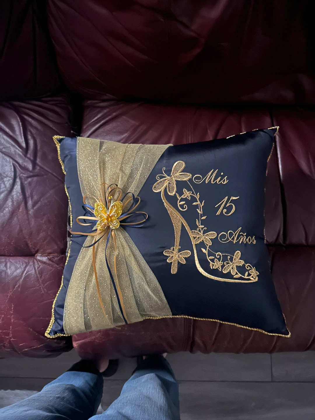 Quinceanera Decorative Pillow Navy and Gold