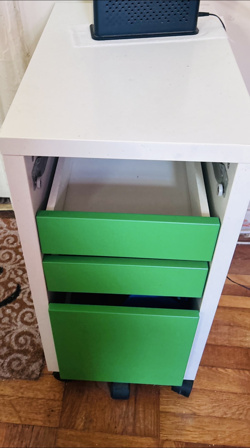 White Rolling Storage Unit with Green Drawers