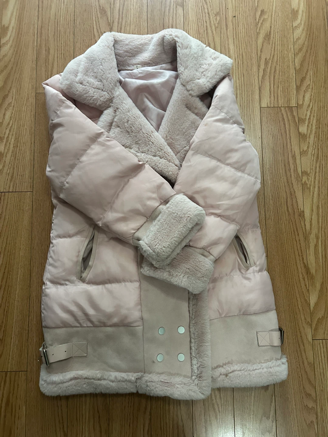 Light pink faux-shearling trimmed winter jacket