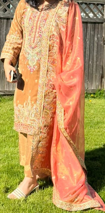 Embroidered Brown and Peach Salwar Kameez Suit
