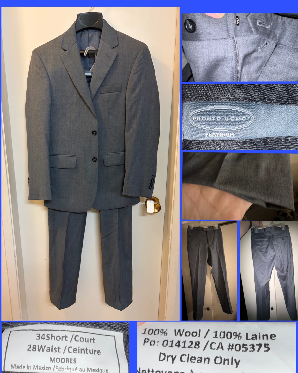 Moores/Pronto Uomo Platinum Wool Suit 34 Short 28 Waist - photo 2