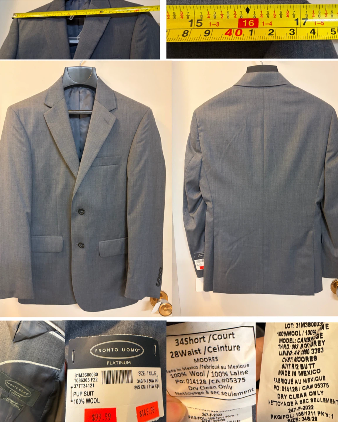 Moores/Pronto Uomo Platinum Wool Suit 34 Short 28 Waist - photo 3