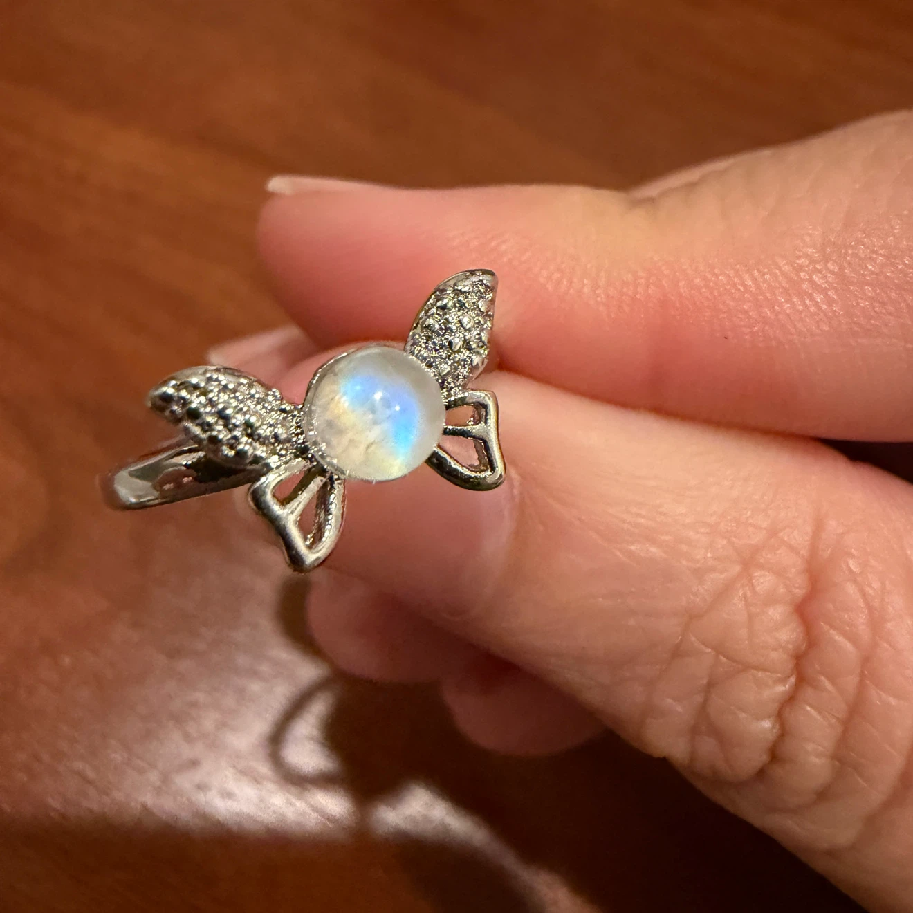 Butterfly ring with rainbow moonstone