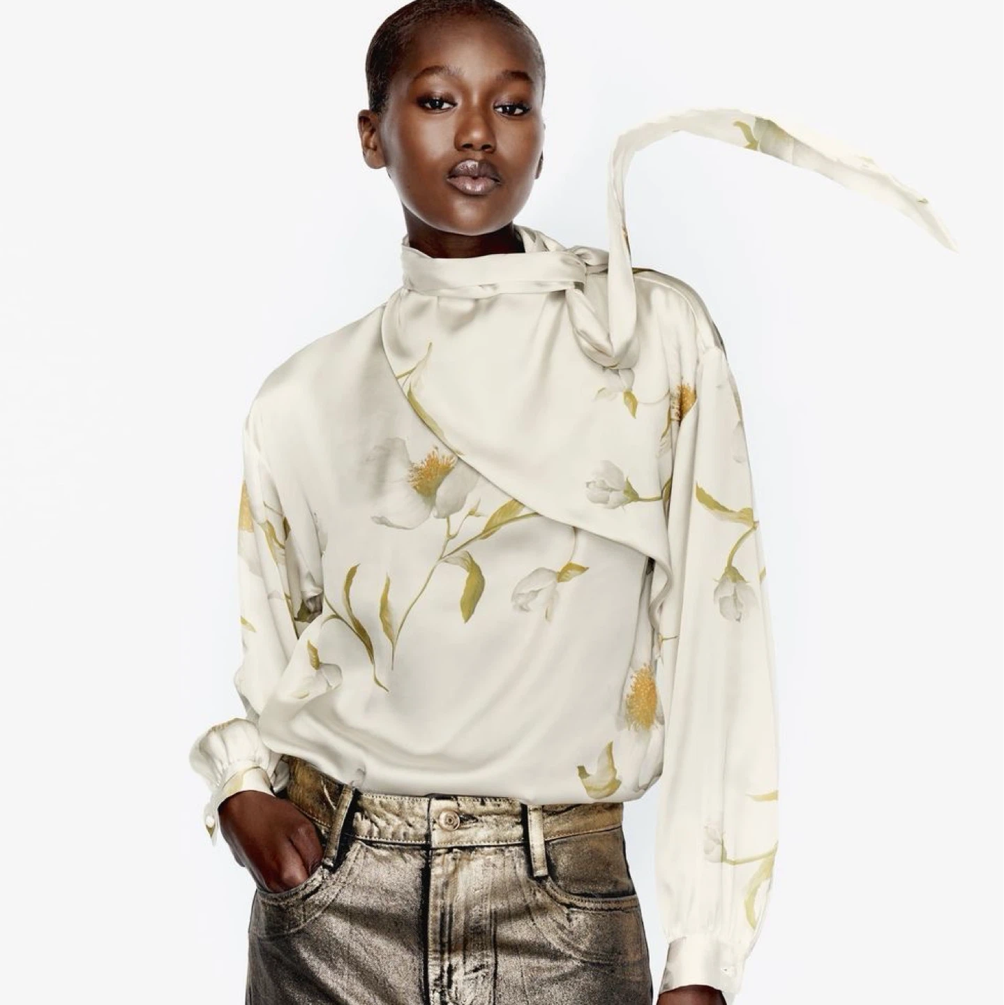 Zara Floral Print Satin Blouse Large