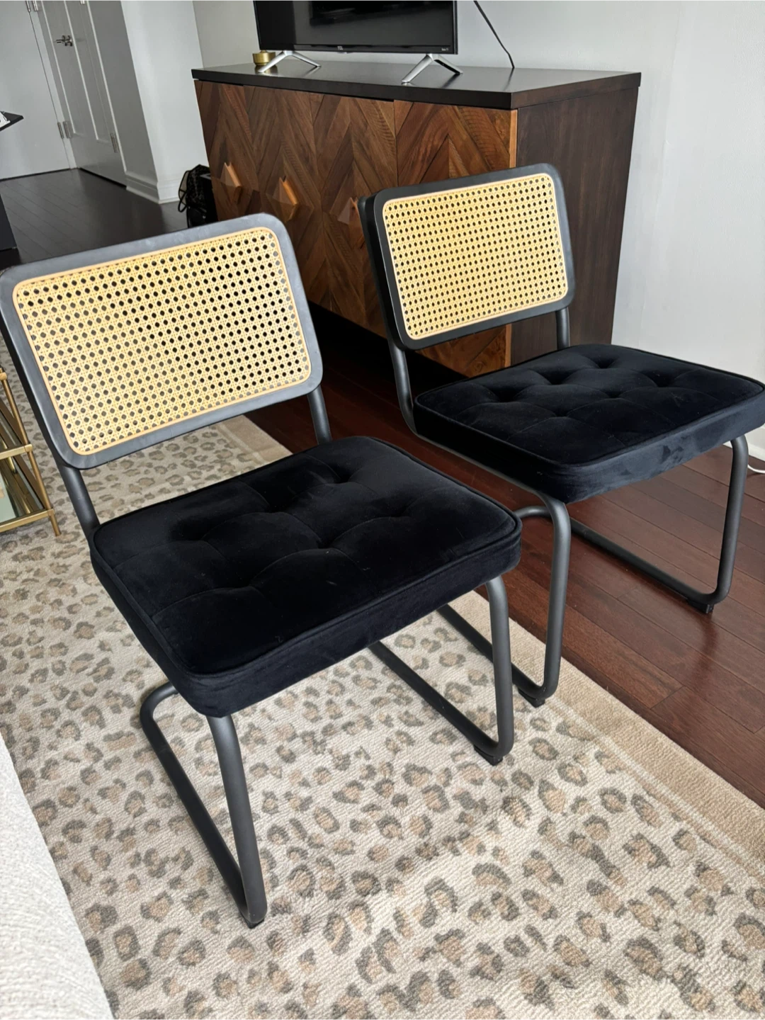 2 Black Dining Chairs with Rattan Back