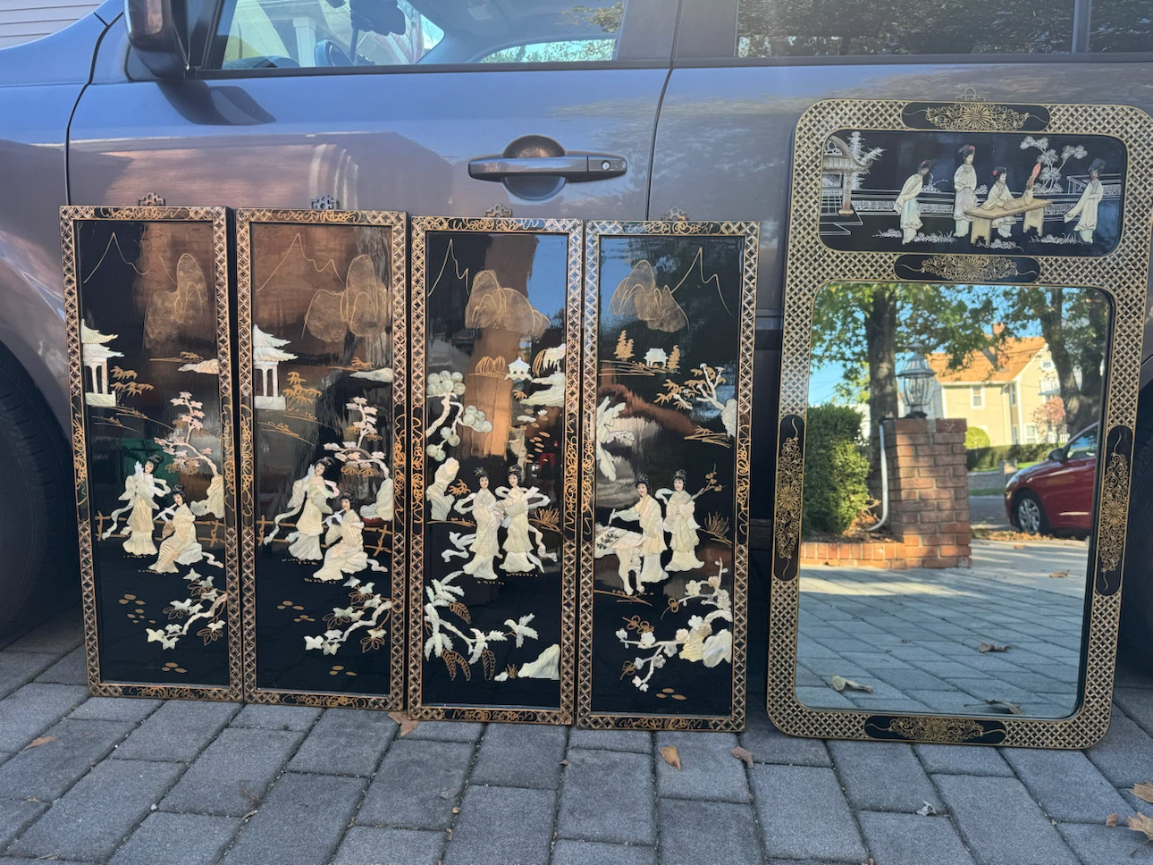 Asian-Style Lacquer Wall Art and Mirror Set