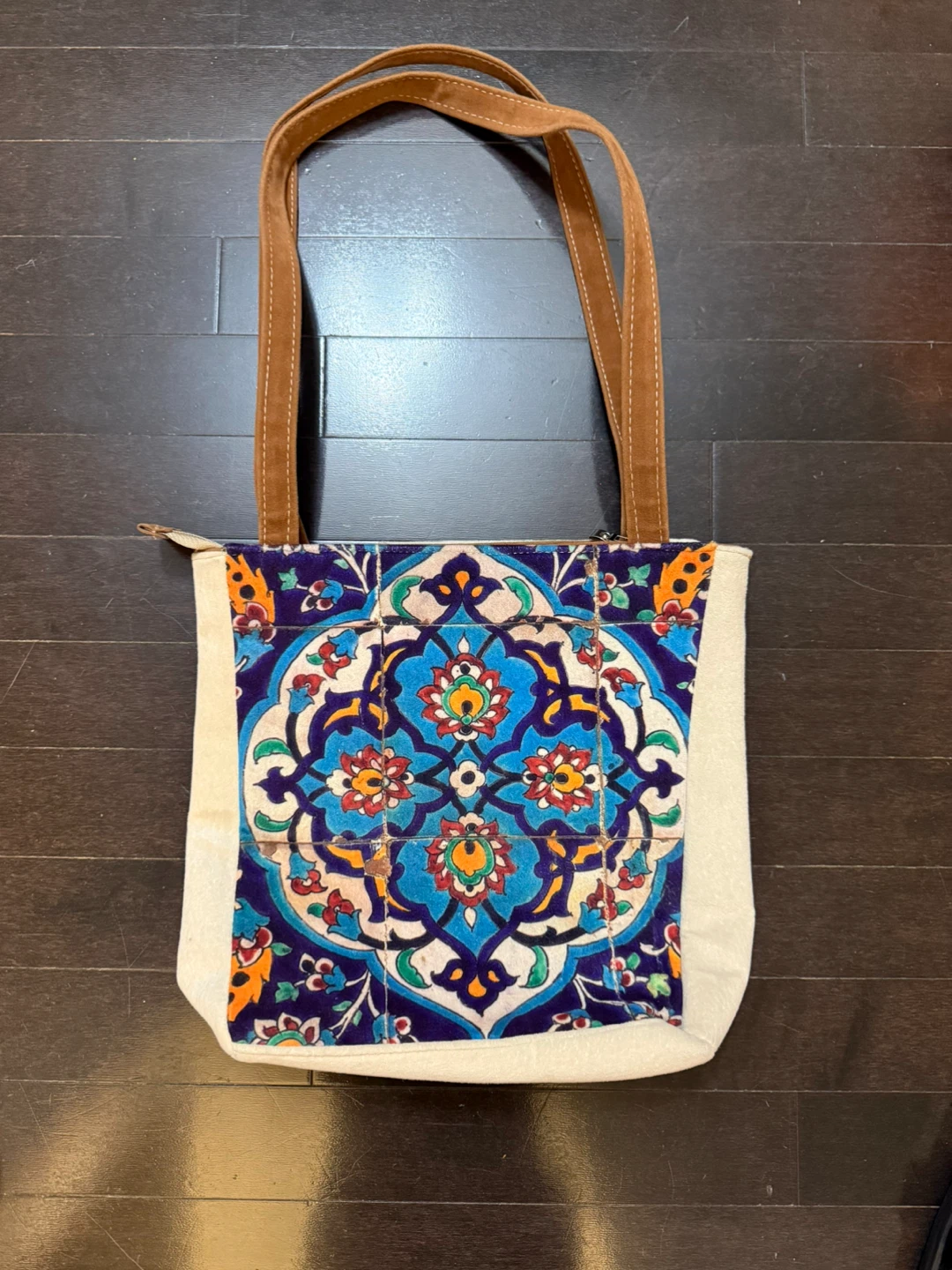 Beautiful Tile-Print Canvas Tote Bag with Zipper