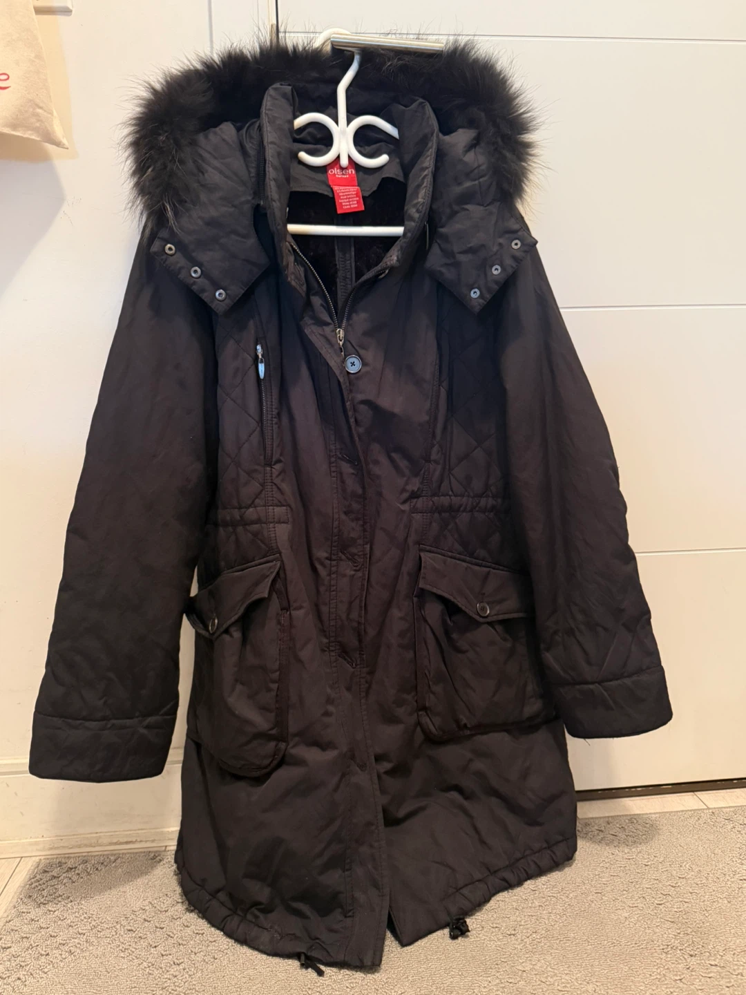 Olsen Europe Quilted Winter Coat with Fur-Trimmed Hood