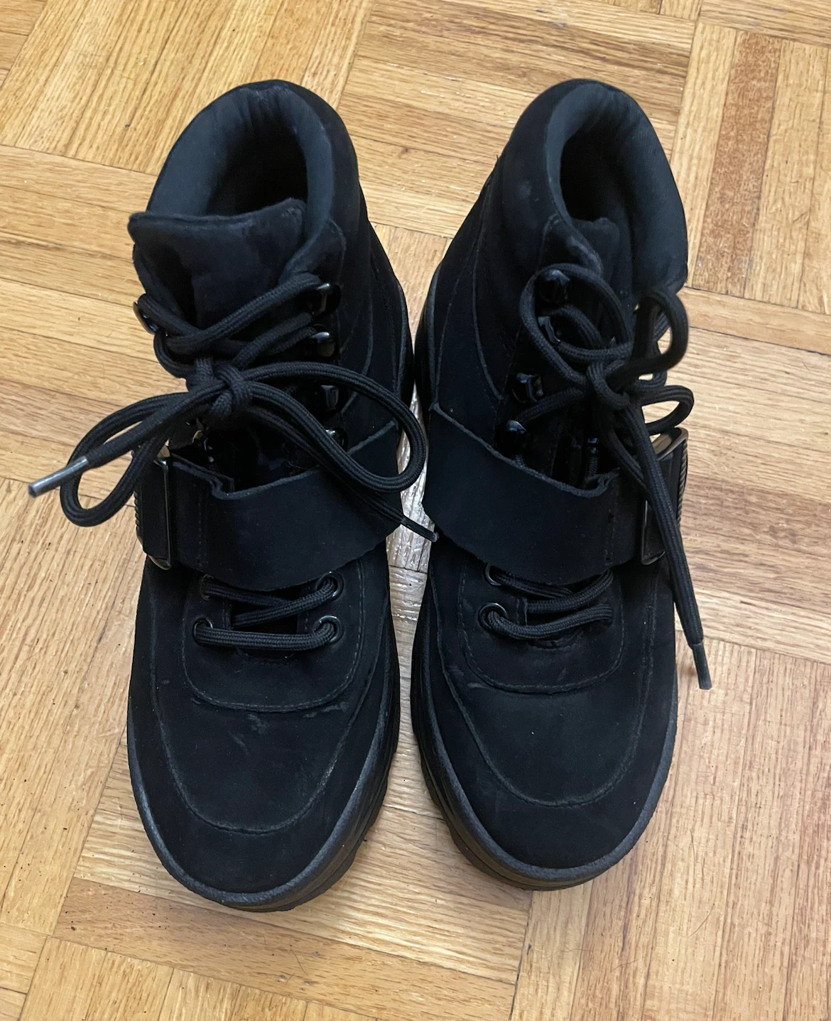 Black Suede Lace-Up Boots with Buckle Strap