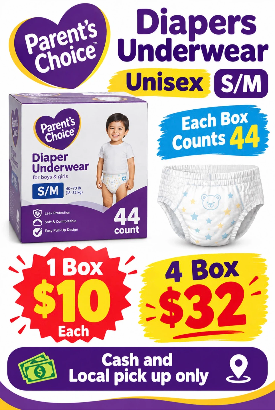 Parent's Choice Nighttime Underwear Size S/M 44 Count