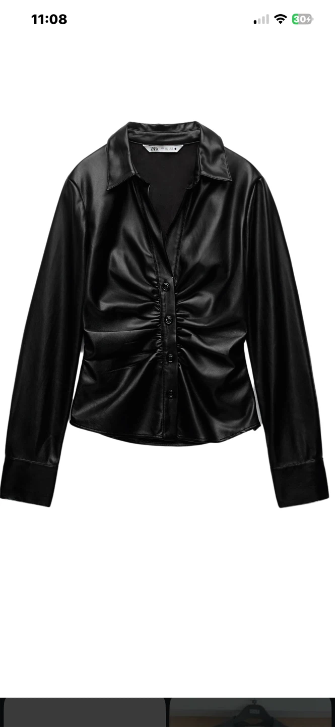 Zara Faux Leather Ruched Shirt Black