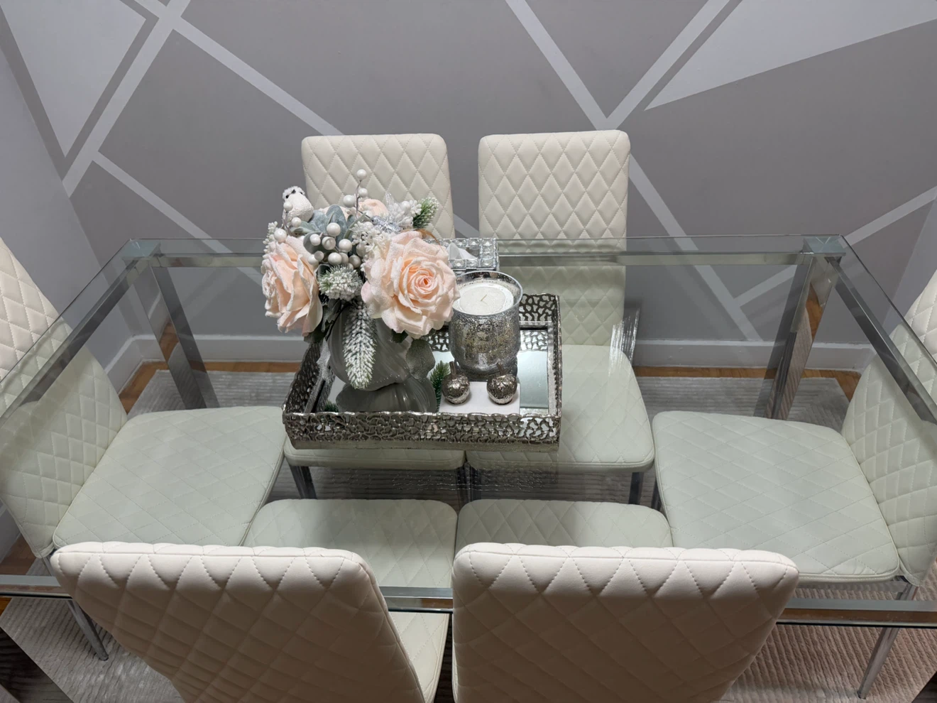 Glass Dining Table with 6 Cream Quilted Chairs