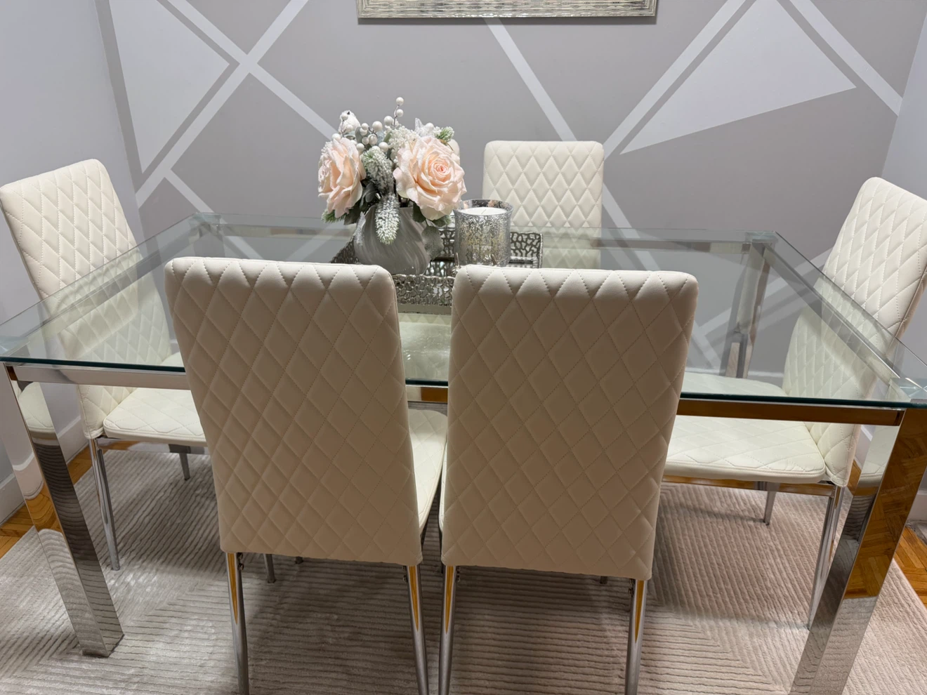 Glass Dining Table with 6 Cream Quilted Chairs - photo 2