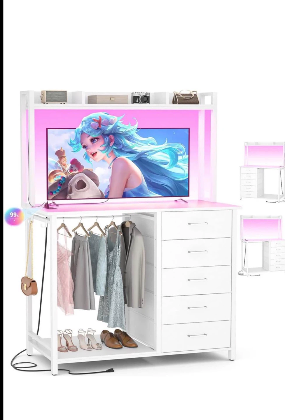 Dresser with Hutch and Hanging Rod 5 Drawers,White