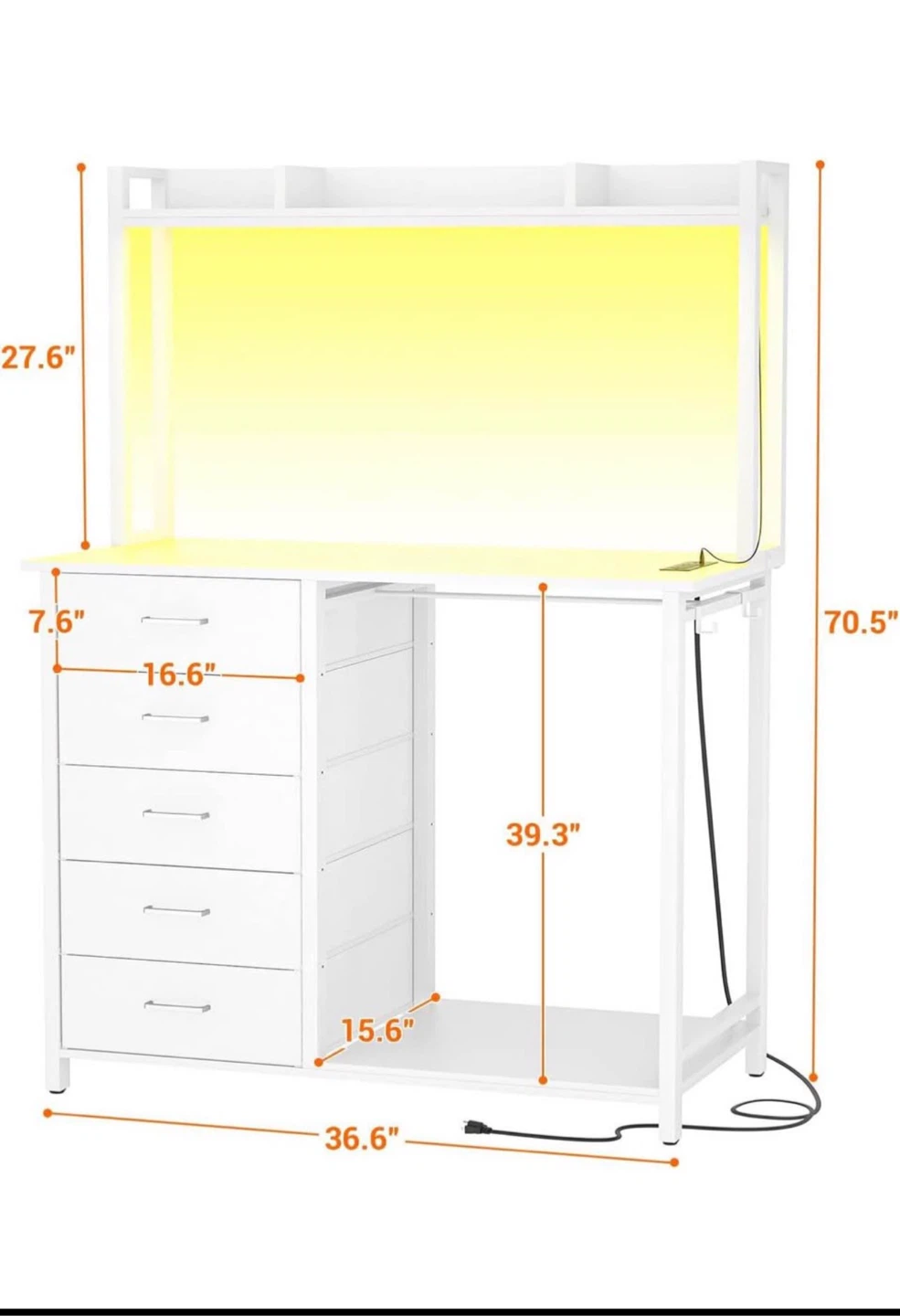 Dresser with Hutch and Hanging Rod 5 Drawers,White - photo 3
