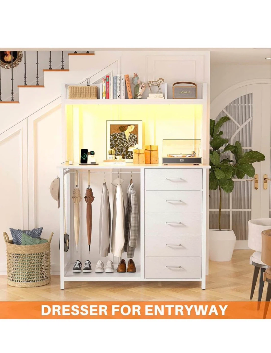 Dresser with Hutch and Hanging Rod 5 Drawers,White - photo 4