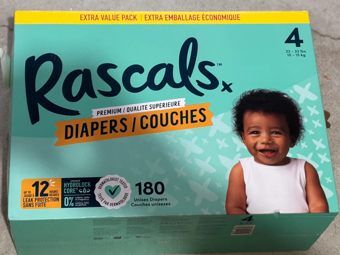 Rascals Premium Baby Diapers, Size 4, Mega Carton, 180 Count