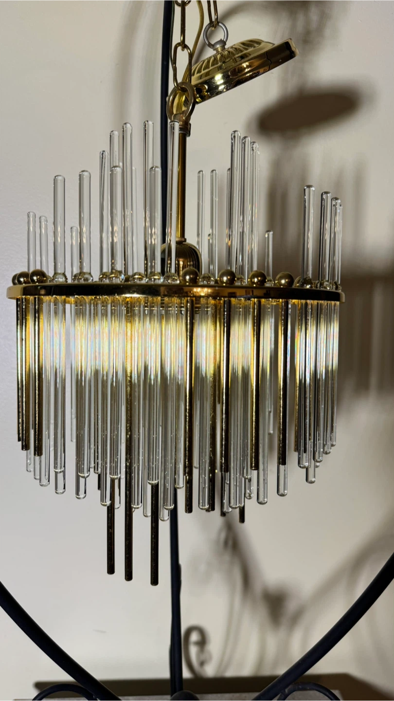 Mid-Century Gold Brass and Glass Rod Chandelier