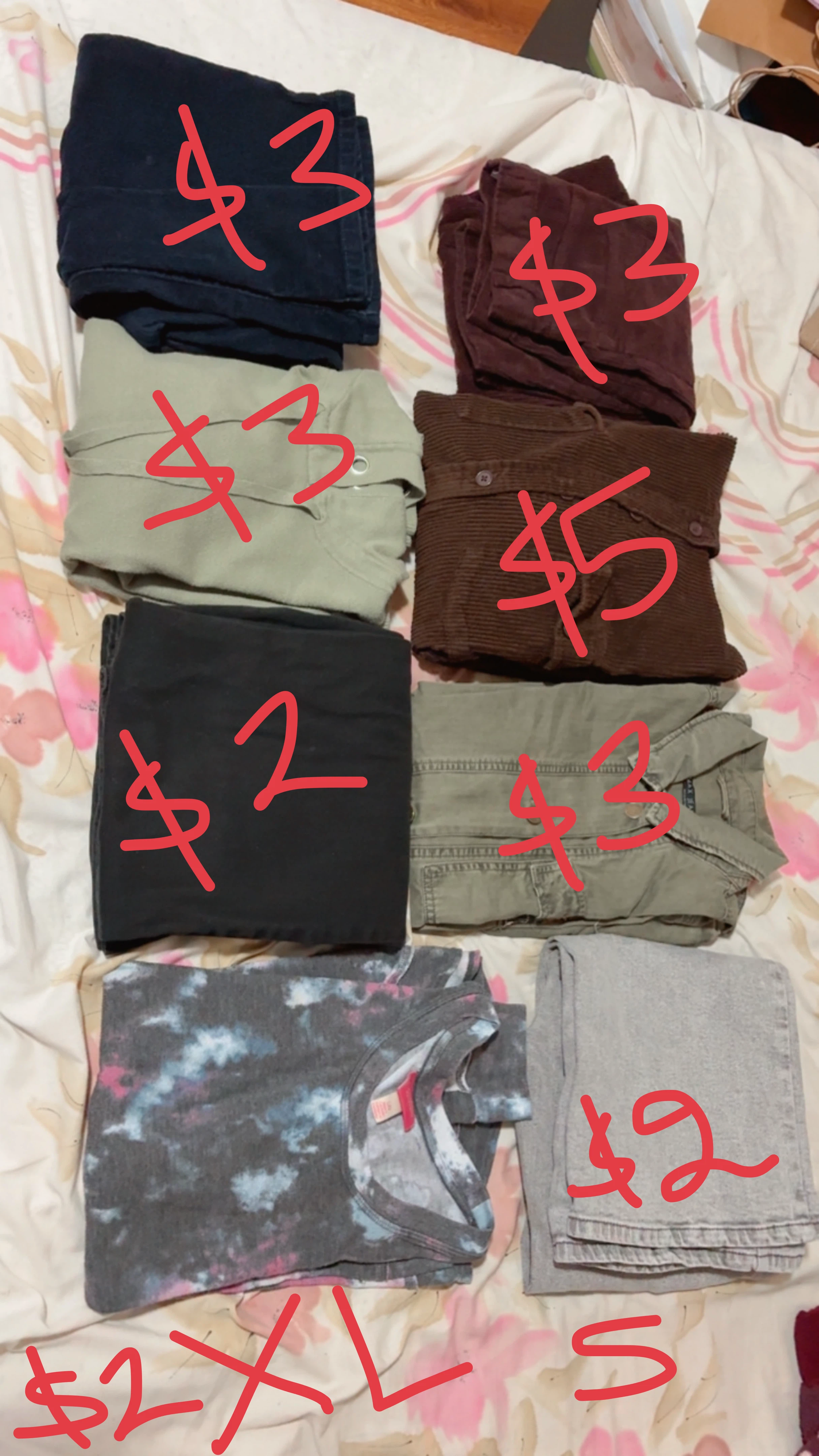 $2 each or $10 for all …Size S & M ———Assorted Clothing Items