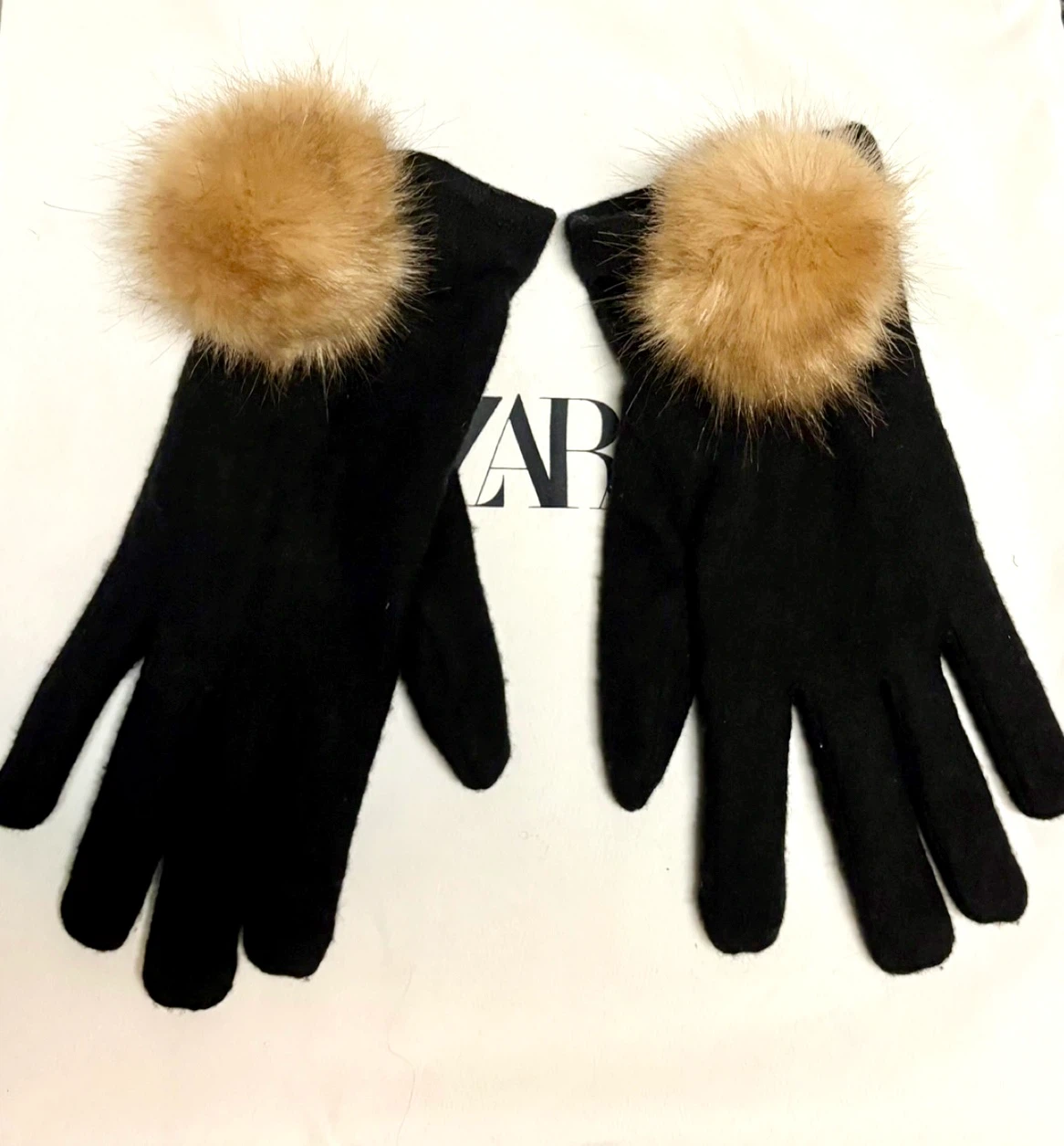 ZARA Women's Black Wool Blend Gloves with Pom-Poms