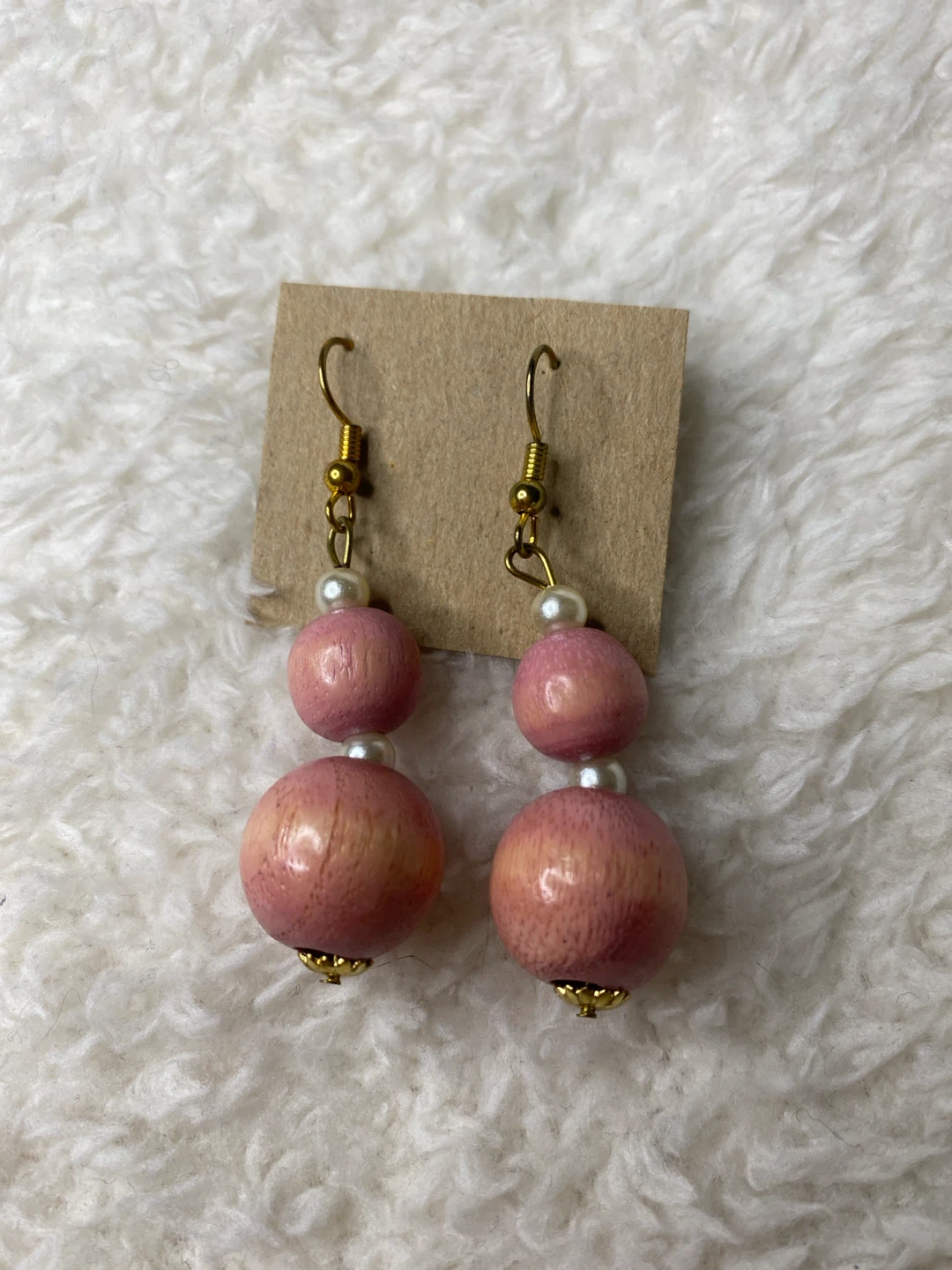 Pink Wooden Bead Drop Earrings