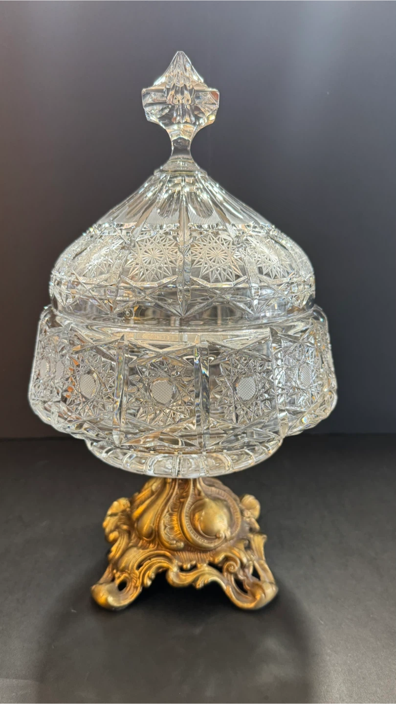 Vintage Crystal Candy Dish with Brass Stand
