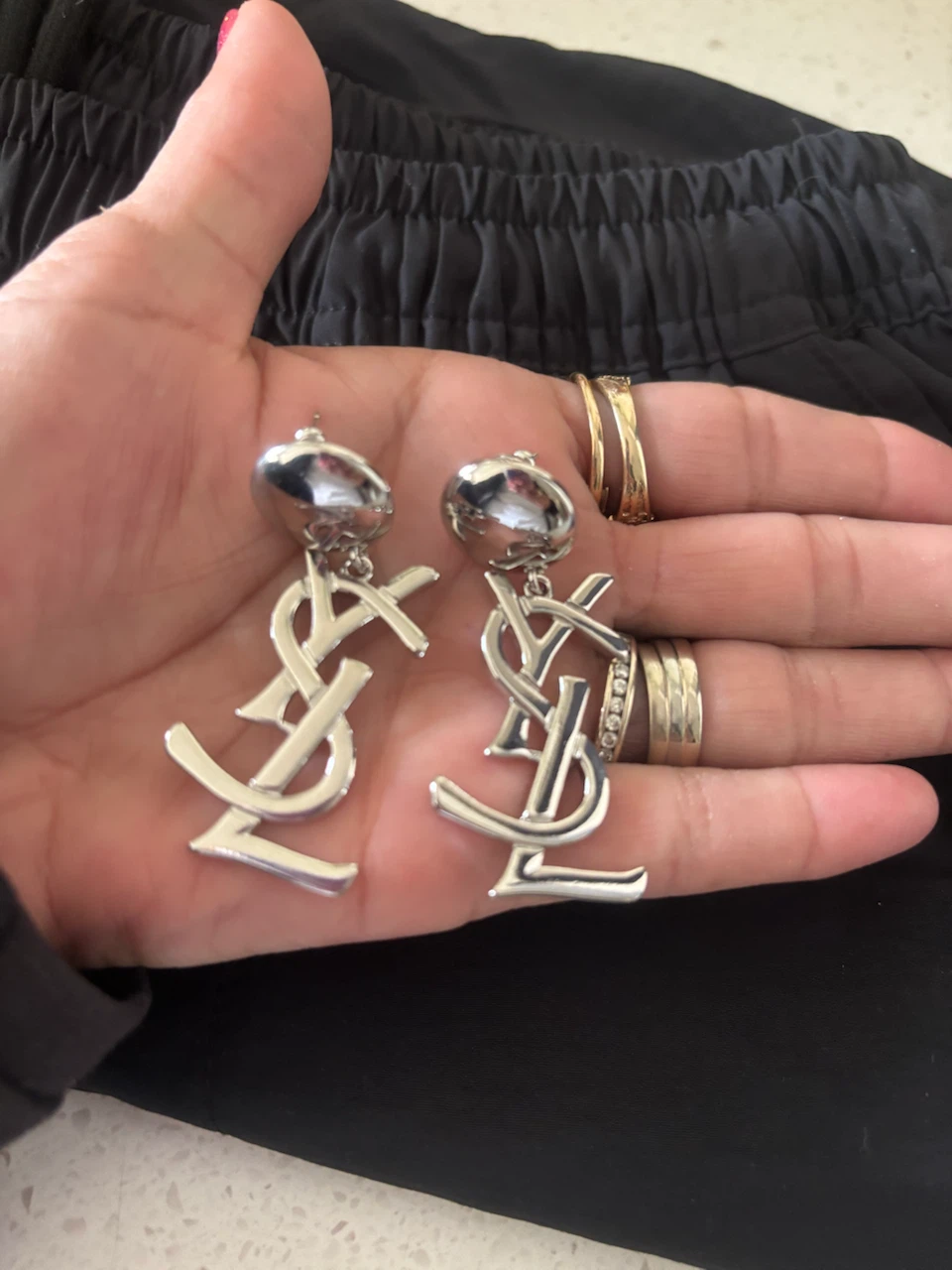 Saint Laurent YSL Silver Tone Logo Earrings