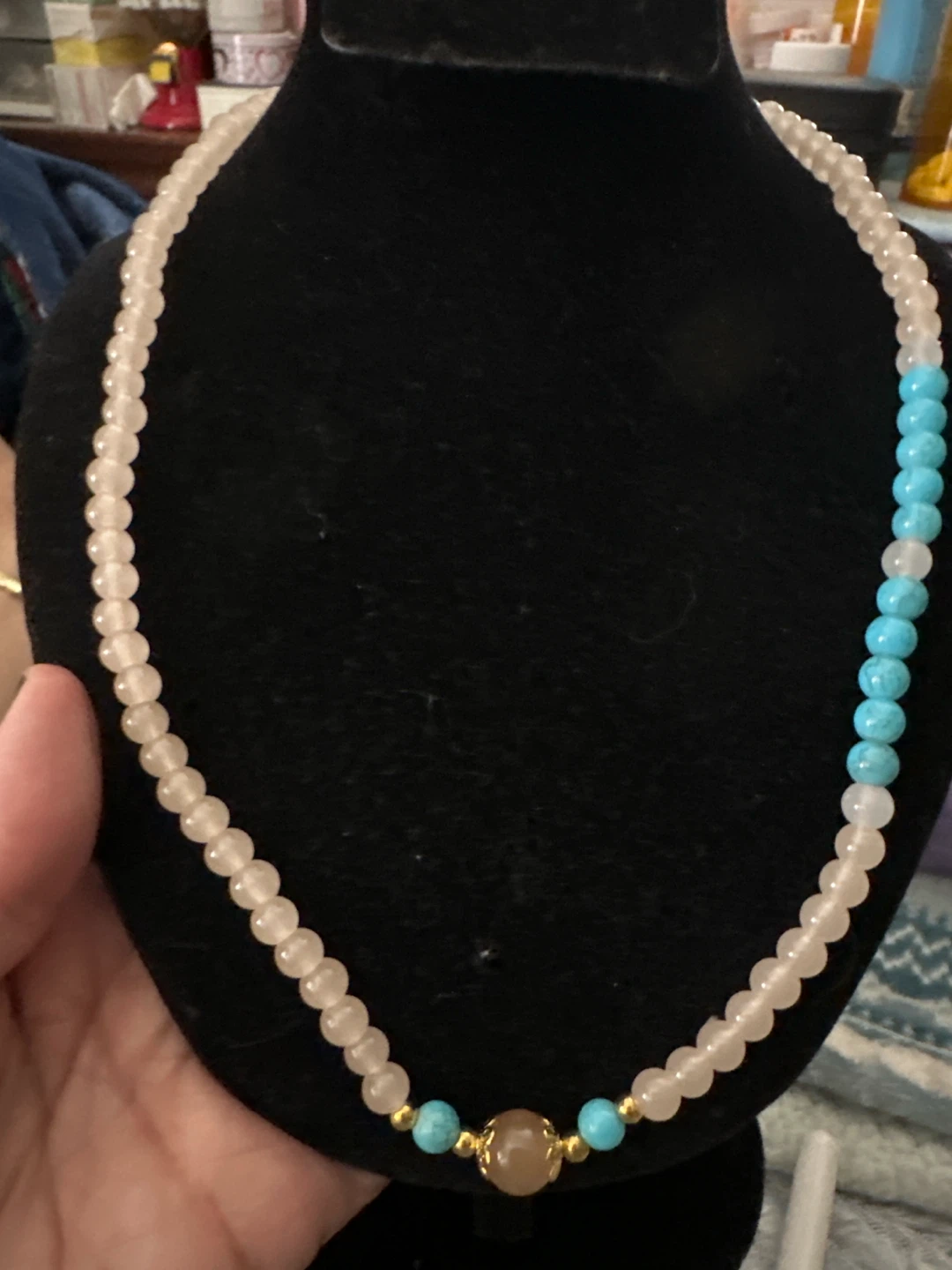 Beaded Necklace with Blue and Light Pink Beads