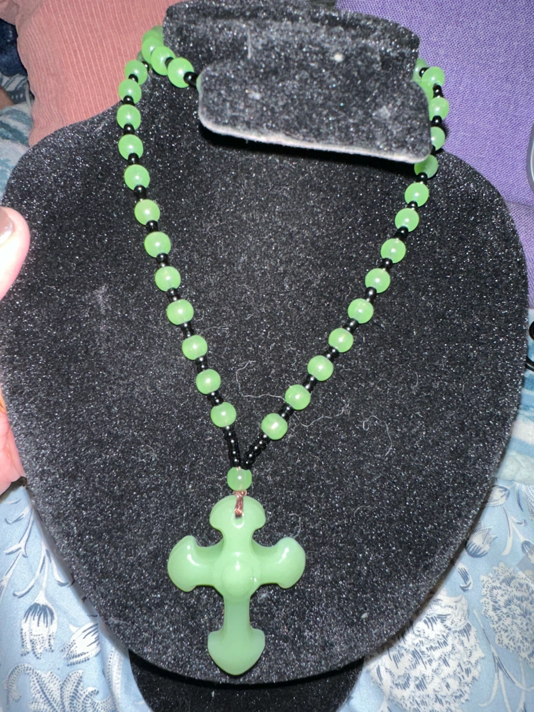 Light Green Beaded Cross Necklace