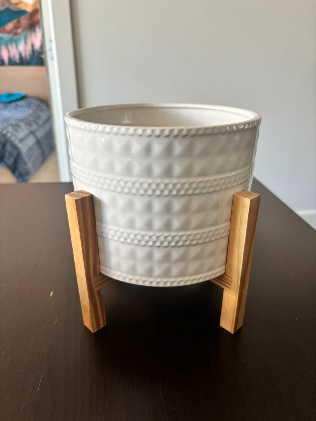 White Ceramic Planter with Wooden Stand