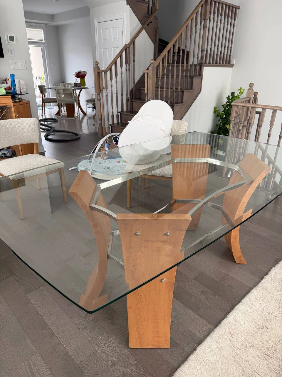 Modern Glass Dining Table with Wood and Chrome Base - photo 3