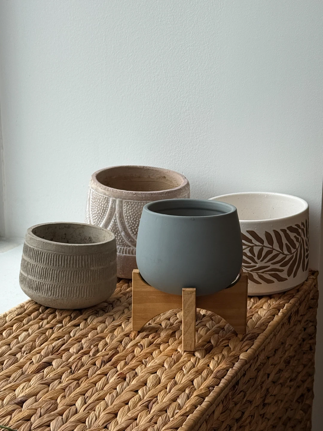 Planters: grey and brown. Concrete, Ceramic+Wood