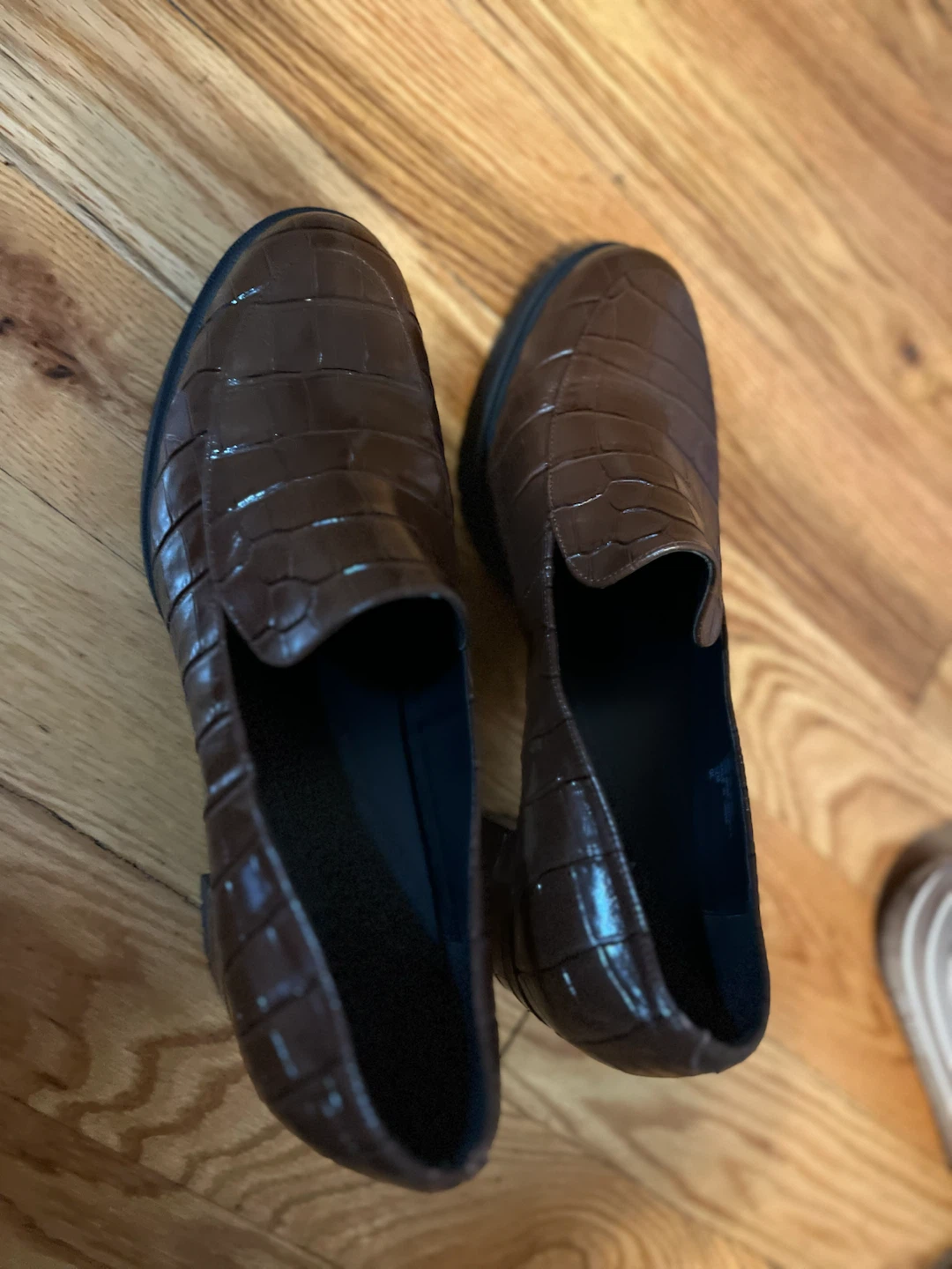 Brown Croc-Embossed Block Heel Loafers